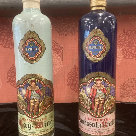 Vintage Collectable Stoneware Beameister Bernkastler Reisling & May-Wine Bottles, Unopened, James Beam