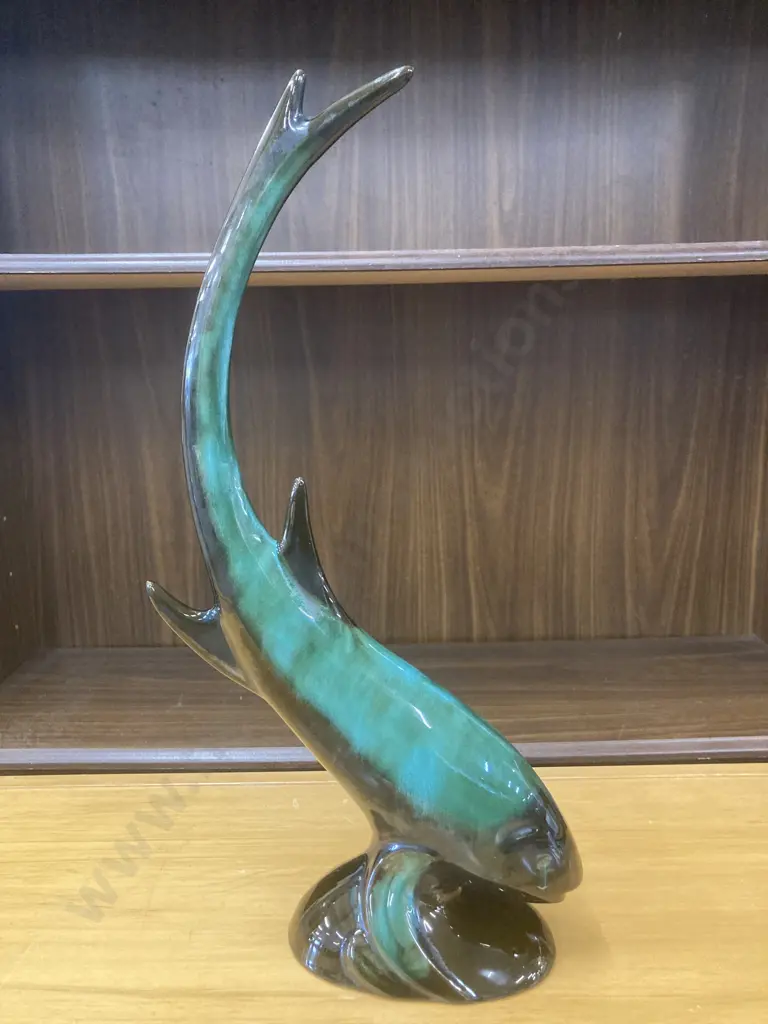 Vintage Blue Mountain Pottery Blue Green Drip Glaze Tall Fish, H47cm Image 1++