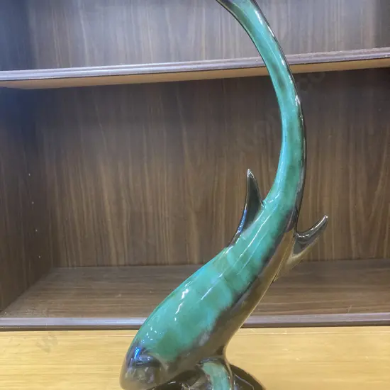 Vintage Blue Mountain Pottery Blue Green Drip Glaze Tall Fish, H47cm