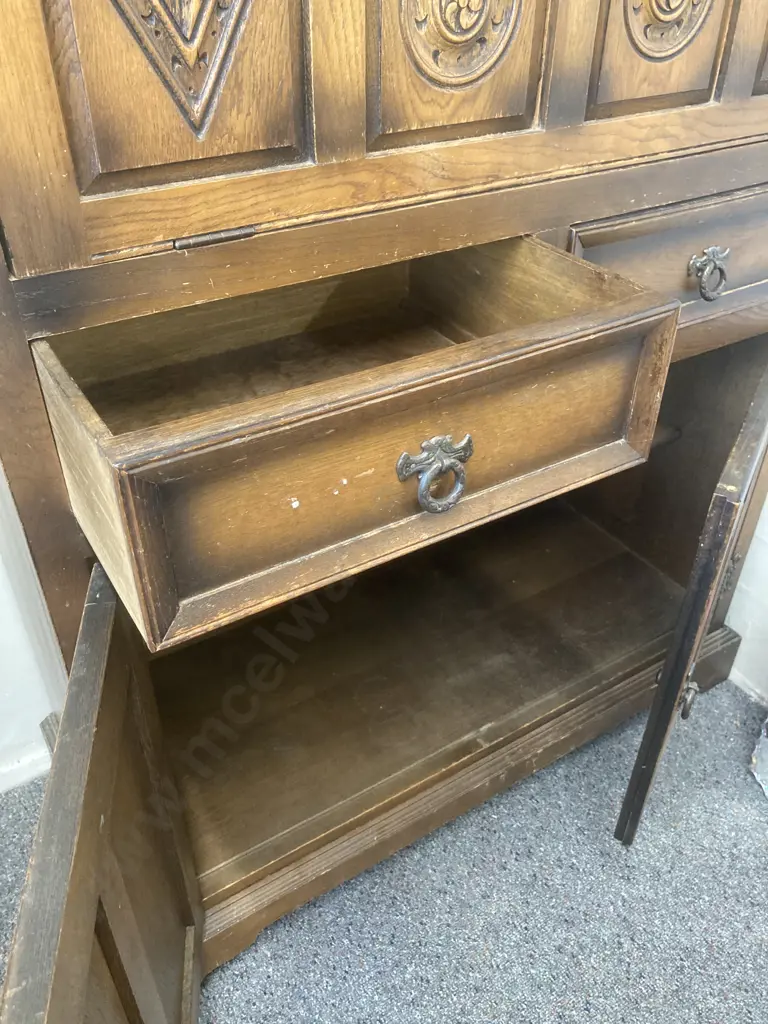 Vintage Mid Century Oak Drinks Cabinet / Wall Unit, Heavily Carved, Original Ring Handles, With Key, H117 L91 D37 Image 1++