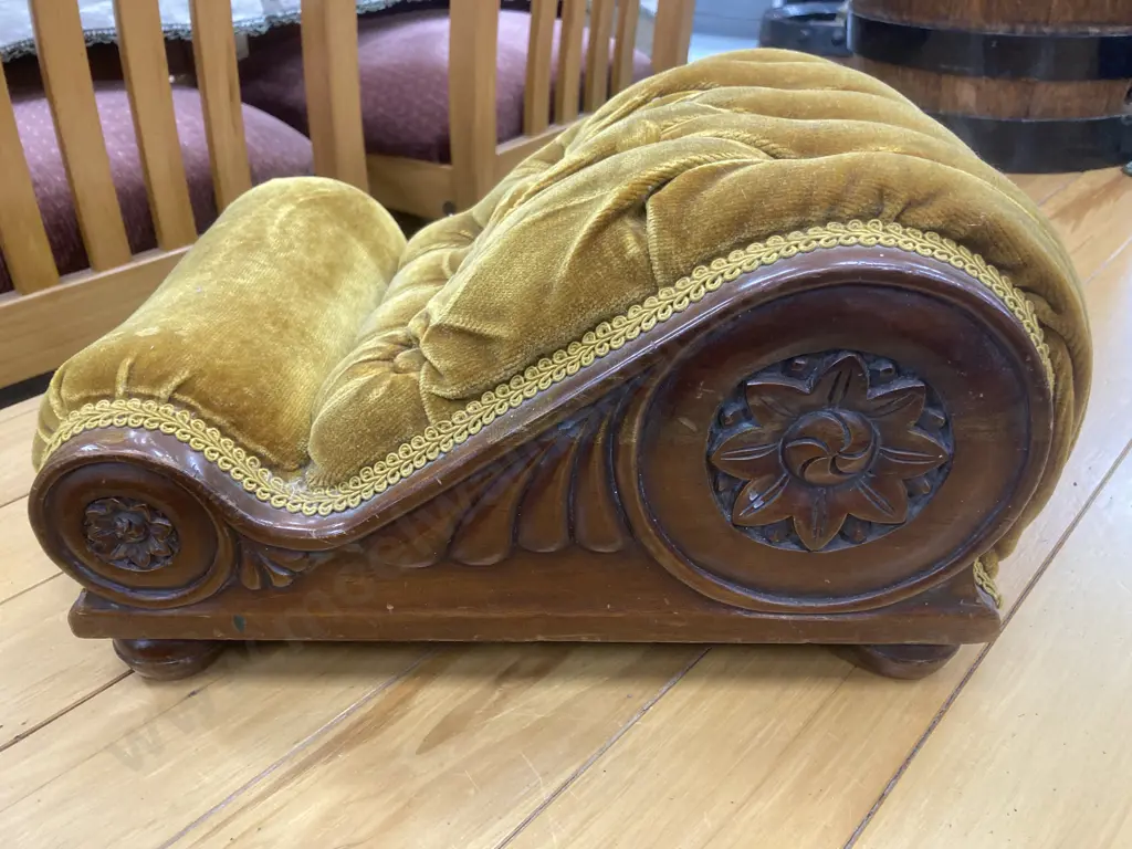 Antique Gout Stool, Fainting Couch Style, Carved With Button Backed Gold Draylon Image 1++