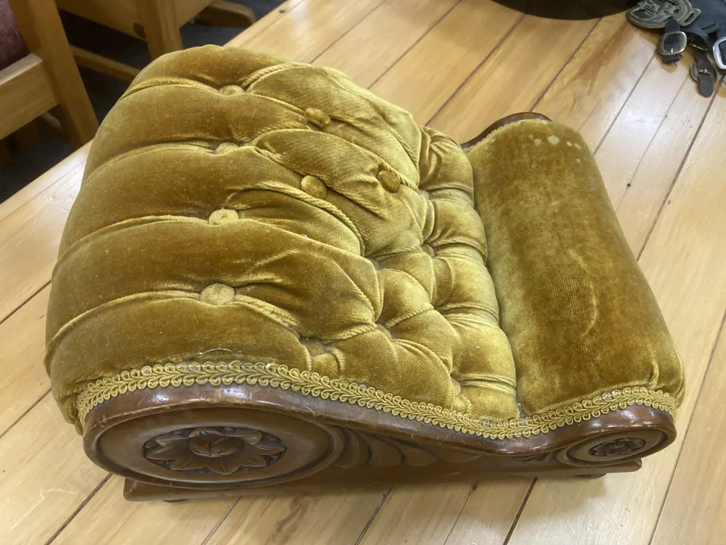 Antique Gout Stool, Fainting Couch Style, Carved With Button Backed Gold Draylon Image 1++