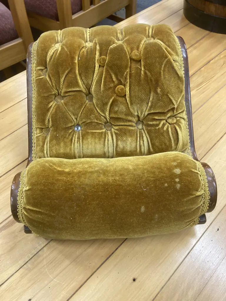Antique Gout Stool, Fainting Couch Style, Carved With Button Backed Gold Draylon Image 1++