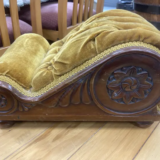 Antique Gout Stool, Fainting Couch Style, Carved With Button Backed Gold Draylon