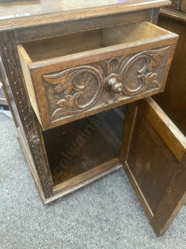 Antique Oak Bedside Cabinet, Heavily Carved, Single Drawer & Door, Original Handles, Bun Feet, H73 L45 D45cm Image 1++