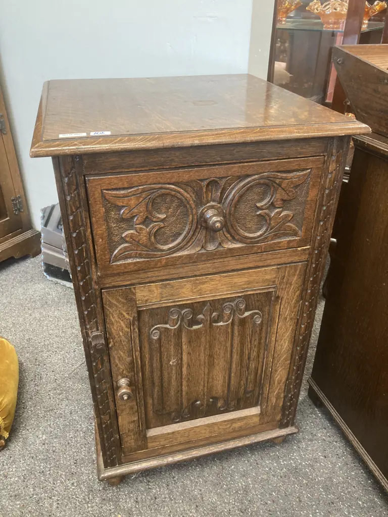 Antique Oak Bedside Cabinet, Heavily Carved, Single Drawer & Door, Original Handles, Bun Feet, H73 L45 D45cm Image 1++