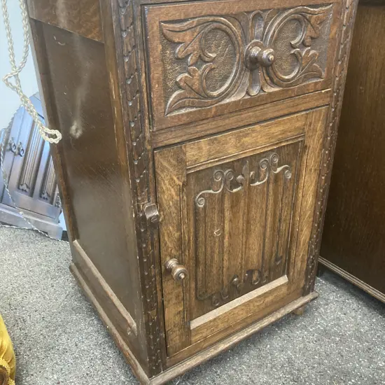 Antique Oak Bedside Cabinet, Heavily Carved, Single Drawer & Door, Original Handles, Bun Feet, H73 L45 D45cm