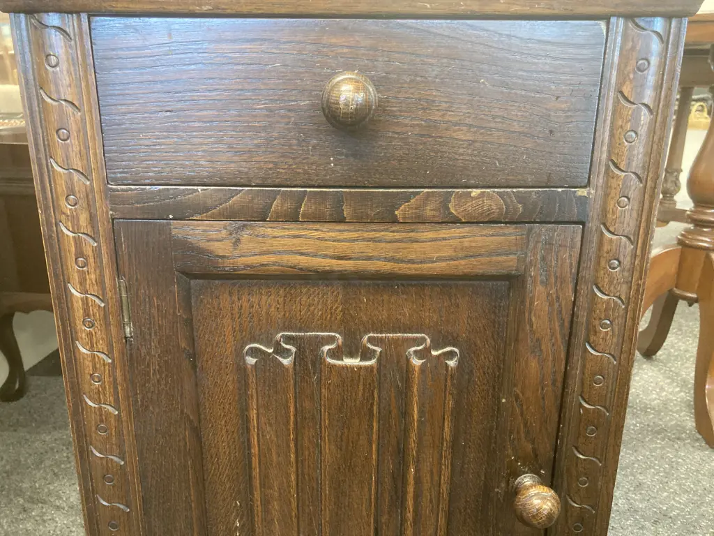 Antique Oak Bedside Cabinet, Single Drawer & Door, Original Handles, Bun Feet, H68 L40 D39cm Image 1++