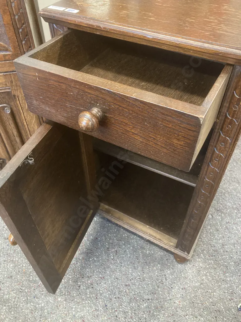 Antique Oak Bedside Cabinet, Single Drawer & Door, Original Handles, Bun Feet, H68 L40 D39cm Image 1++