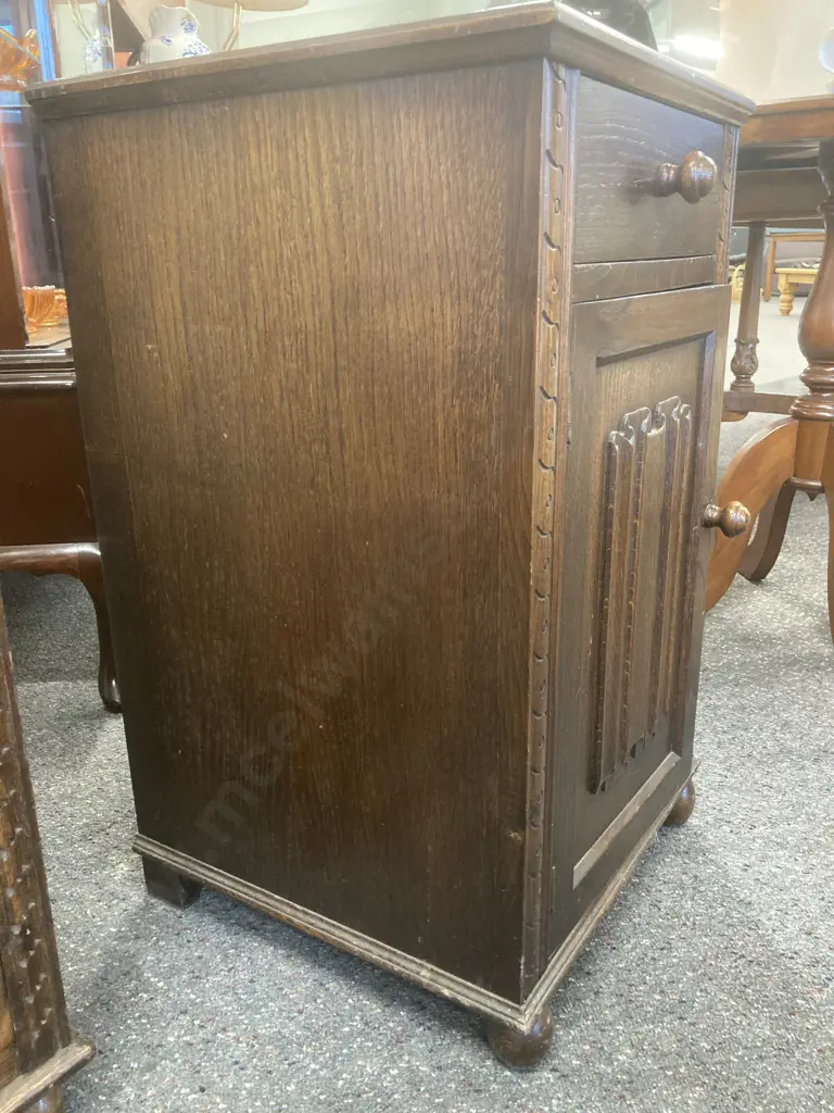 Antique Oak Bedside Cabinet, Single Drawer & Door, Original Handles, Bun Feet, H68 L40 D39cm Image 1++
