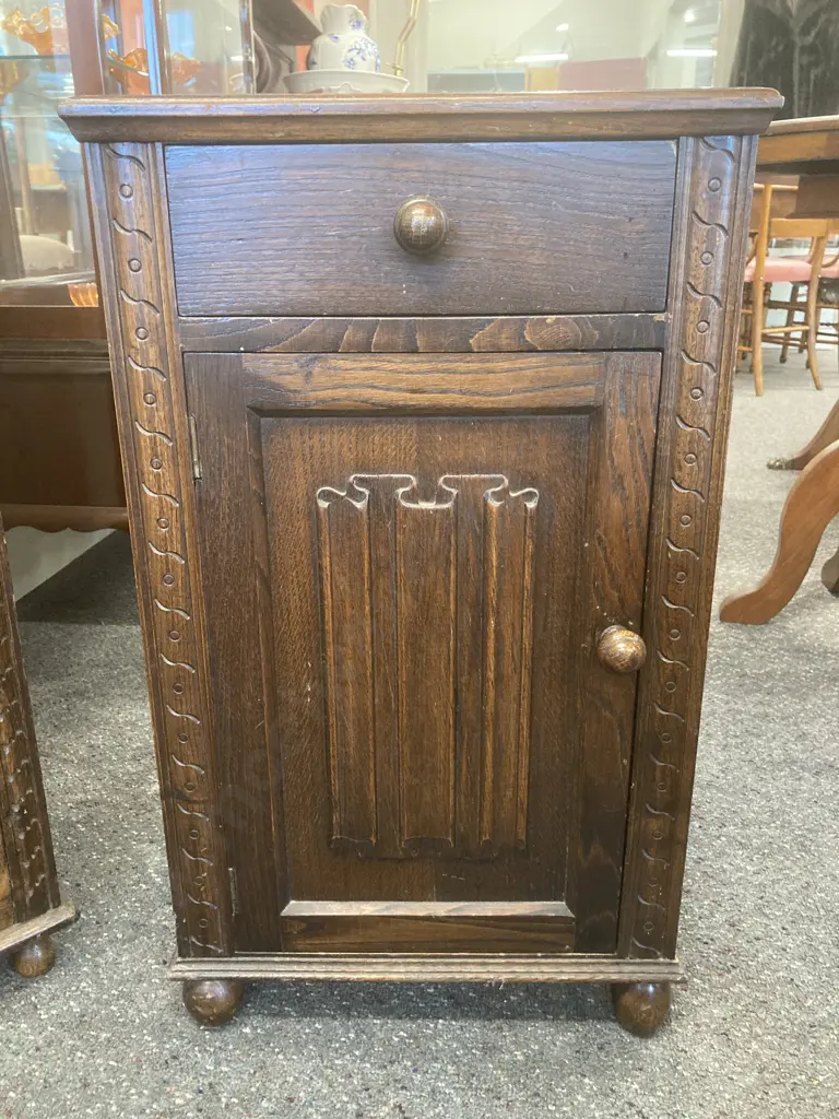 Antique Oak Bedside Cabinet, Single Drawer & Door, Original Handles, Bun Feet, H68 L40 D39cm Image 1++