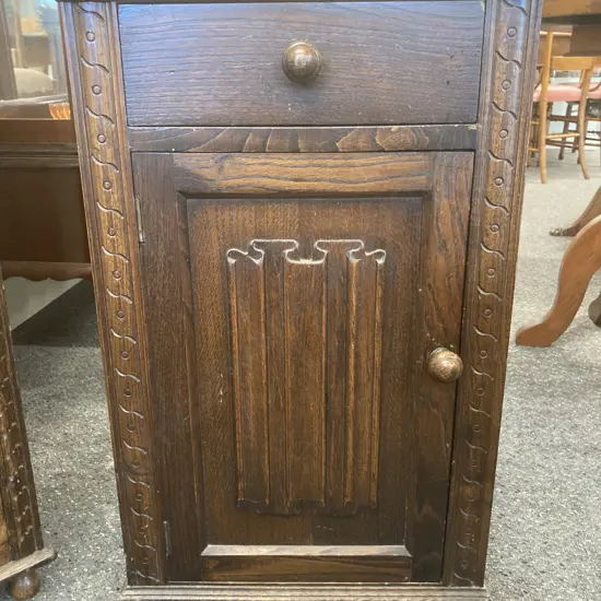 Antique Oak Bedside Cabinet, Single Drawer & Door, Original Handles, Bun Feet, H68 L40 D39cm