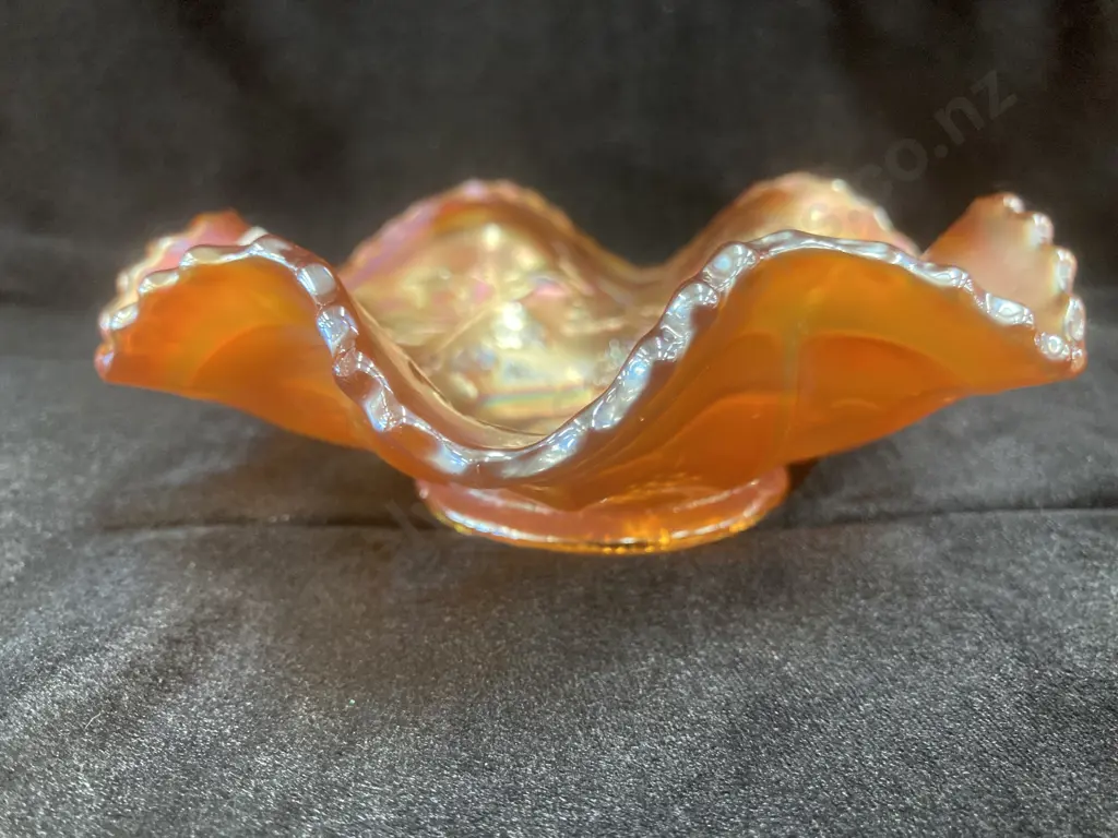 Antique Fenton Vintage Carnival Glass Marigold Grape & Leaf Pattern Ruffle Top Bowl, Dia16cm Image 1++