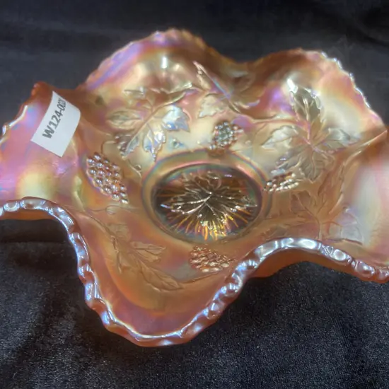Antique Fenton Vintage Carnival Glass Marigold Grape & Leaf Pattern Ruffle Top Bowl, Dia16cm