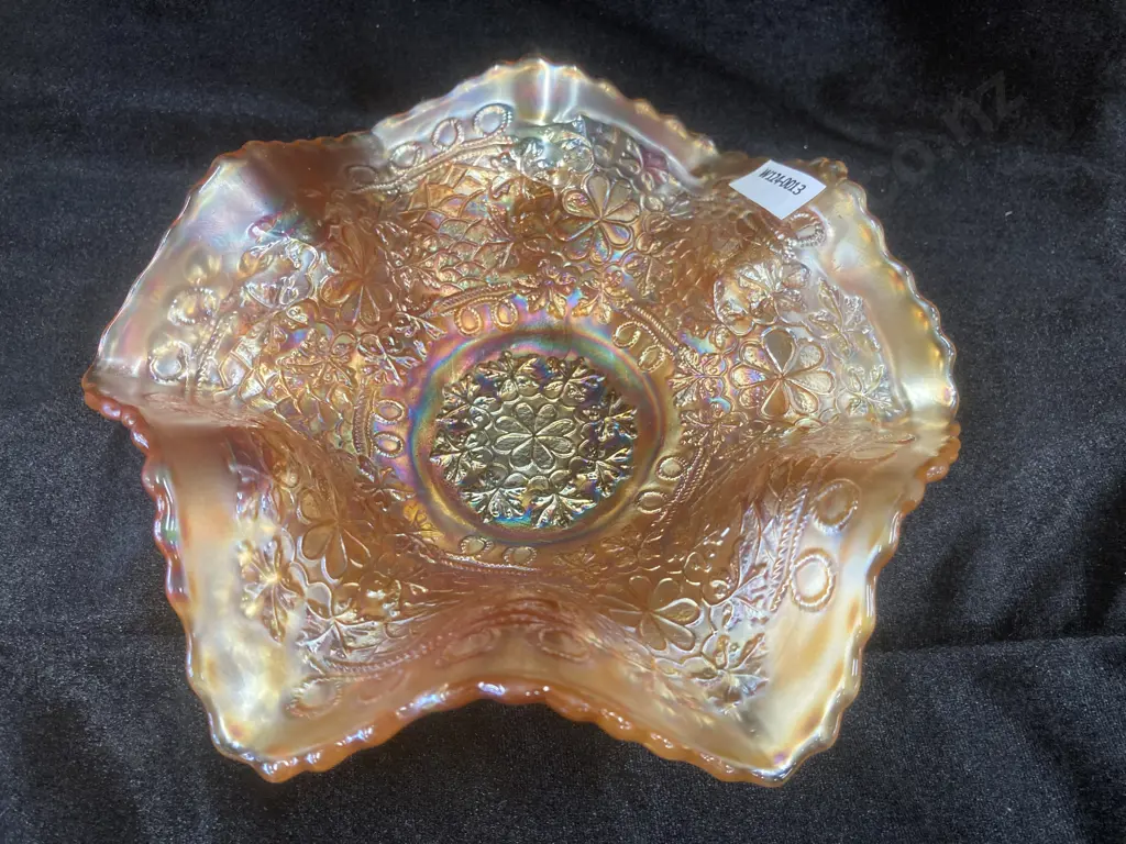 Antique Carnival Glass Bowl, Leaf Chain Pattern by Fenton, Marigold, Dia 18cm Image 1++