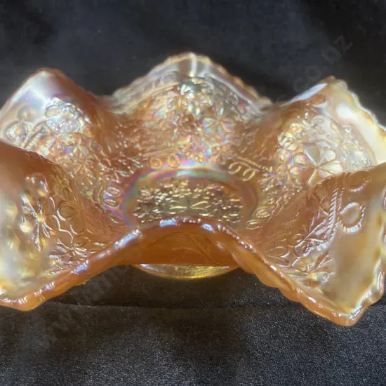 Antique Carnival Glass Bowl, Leaf Chain Pattern by Fenton, Marigold, Dia 18cm