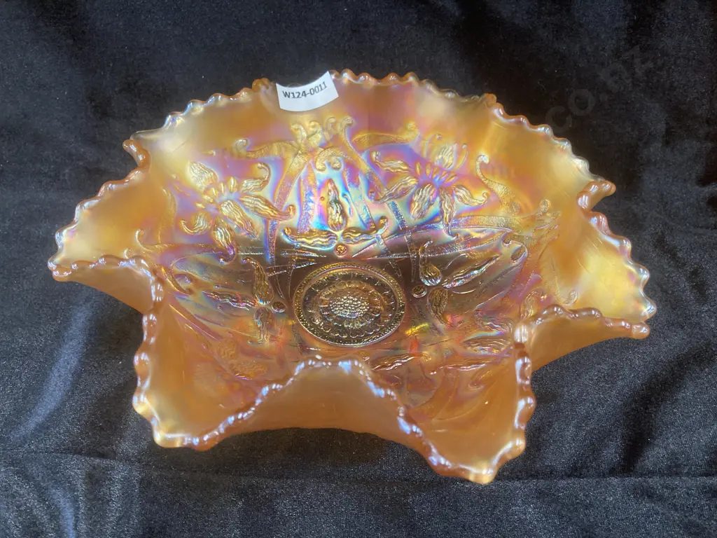 Fenton Wishbone Pattern Marigold Carnival Glass Footed Bowl, H8 Dia20cm Image 1++