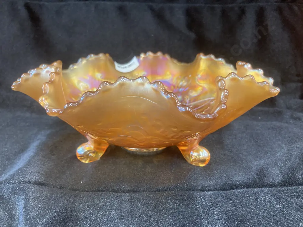 Fenton Wishbone Pattern Marigold Carnival Glass Footed Bowl, H8 Dia20cm Image 1++