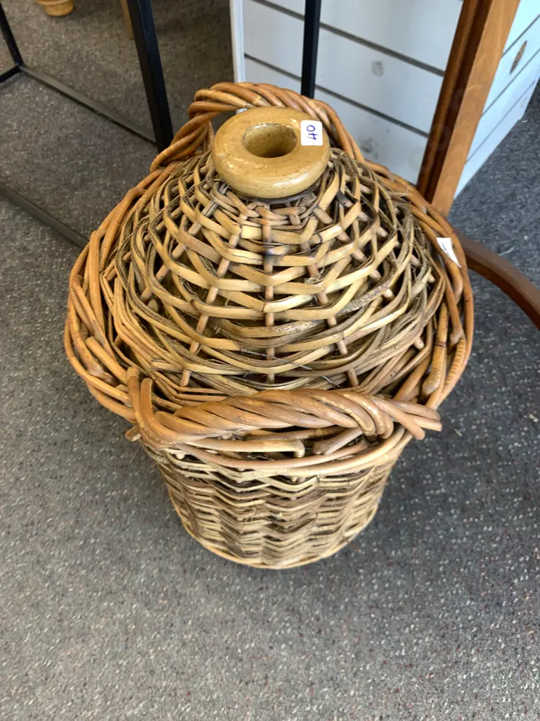 Large Vintage Stoneware Bottle In Wicker Cane Basket With Handles, H53cm Image 1++