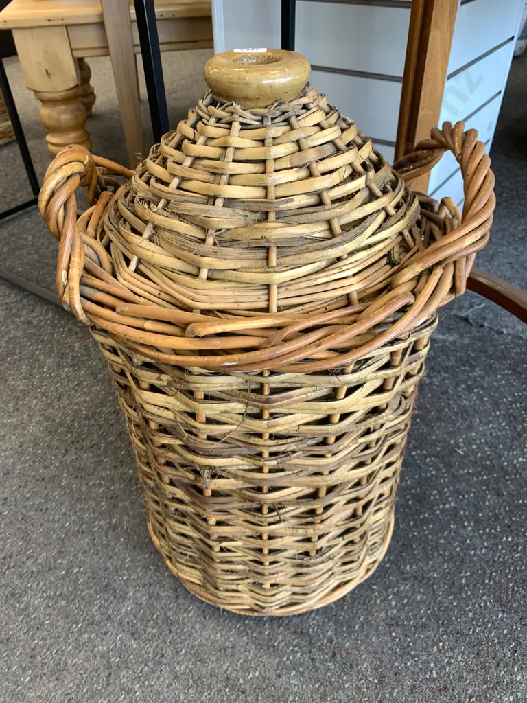 Large Vintage Stoneware Bottle In Wicker Cane Basket With Handles, H53cm Image 1++