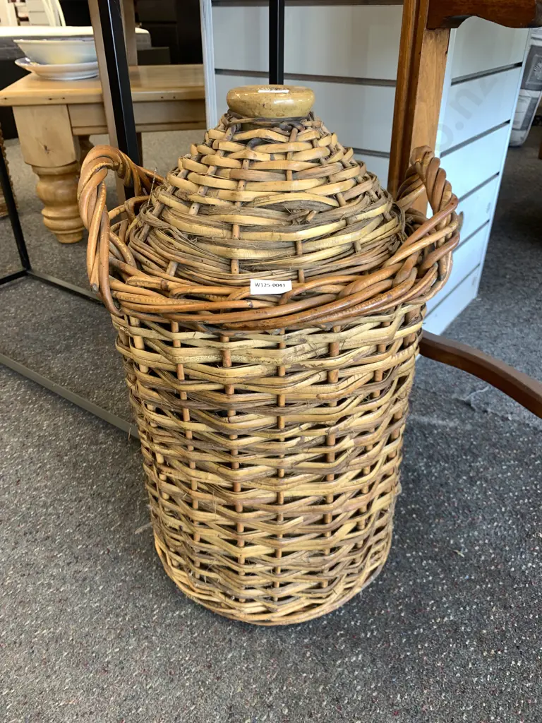 Large Vintage Stoneware Bottle In Wicker Cane Basket With Handles, H53cm Image 1++