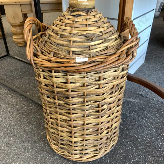 Large Vintage Stoneware Bottle In Wicker Cane Basket With Handles, H53cm