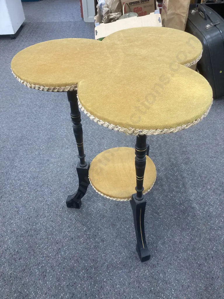 Vintage Cloverleaf Side Table, Gold Colour Fabric With Braiding, 66 x 50cm Image 1++