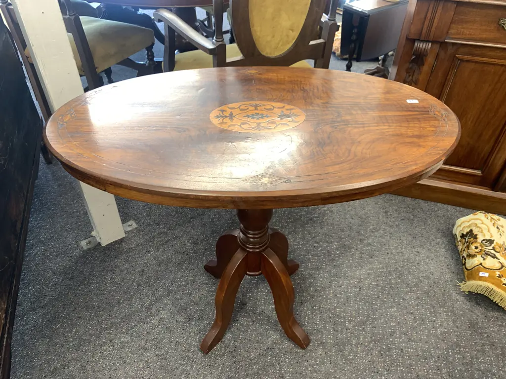 Antique Marquetry Oval Occasional Table, Single Pedestal, Four Legs, H73 L86 W49cm Image 1++