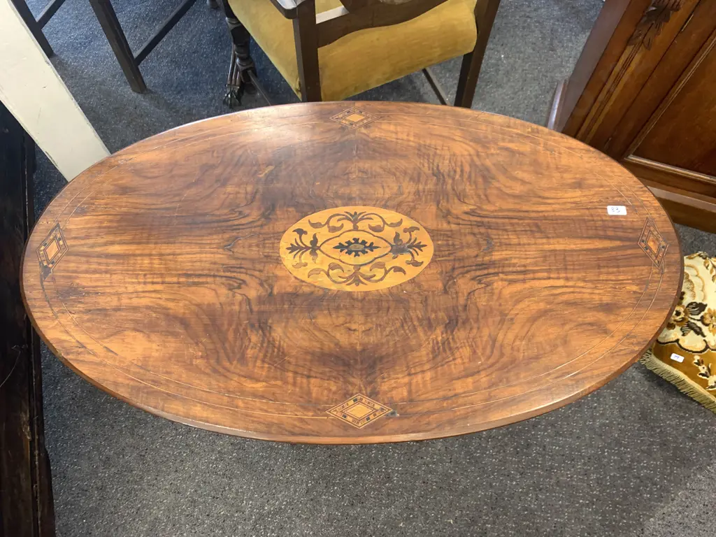 Antique Marquetry Oval Occasional Table, Single Pedestal, Four Legs, H73 L86 W49cm Image 1++