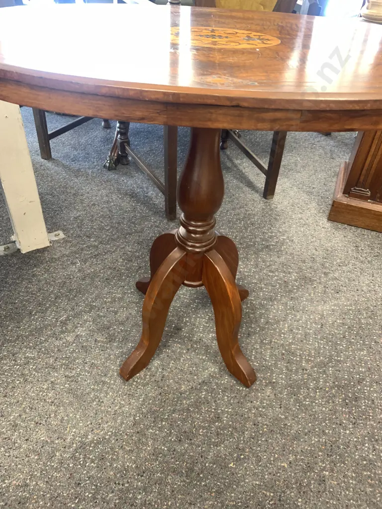 Antique Marquetry Oval Occasional Table, Single Pedestal, Four Legs, H73 L86 W49cm Image 1++
