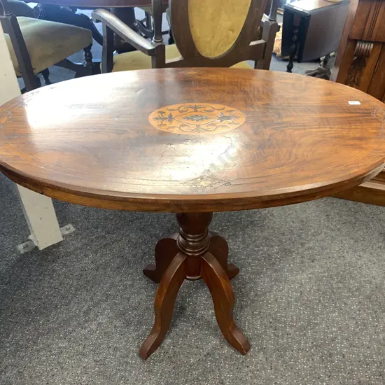 Antique Marquetry Oval Occasional Table, Single Pedestal, Four Legs, H73 L86 W49cm