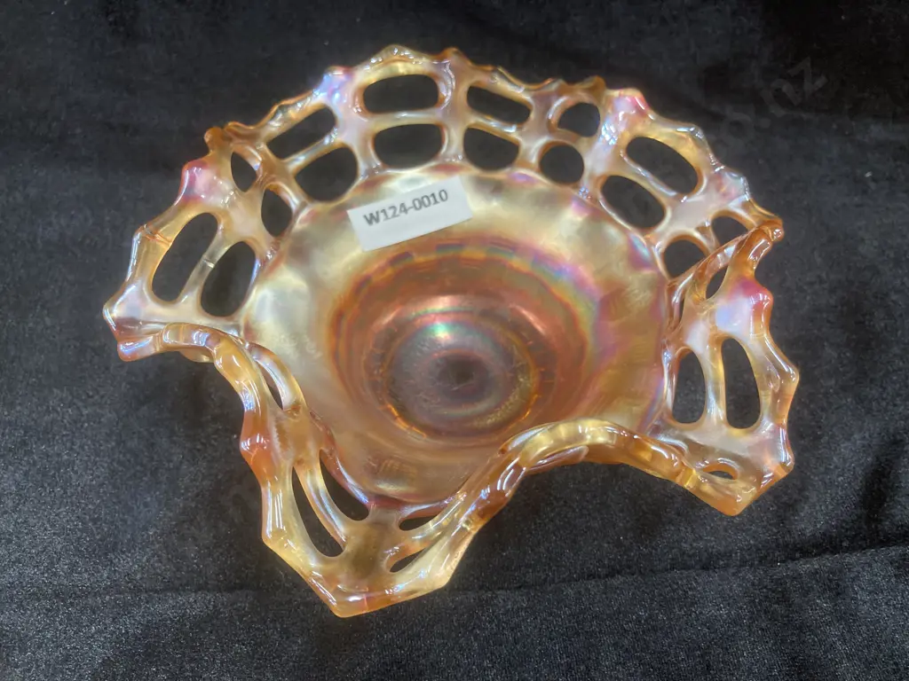 Fenton Carnival Glass Marigold Basket Weave Dish With Ruffled Open Lattice Edge, H6.5 Dia16cm Image 1++
