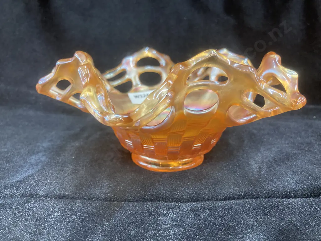 Fenton Carnival Glass Marigold Basket Weave Dish With Ruffled Open Lattice Edge, H6.5 Dia16cm Image 1++