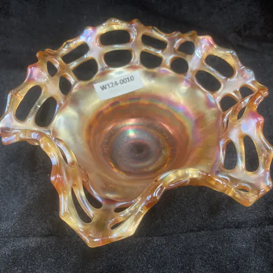 Fenton Carnival Glass Marigold Basket Weave Dish With Ruffled Open Lattice Edge, H6.5 Dia16cm