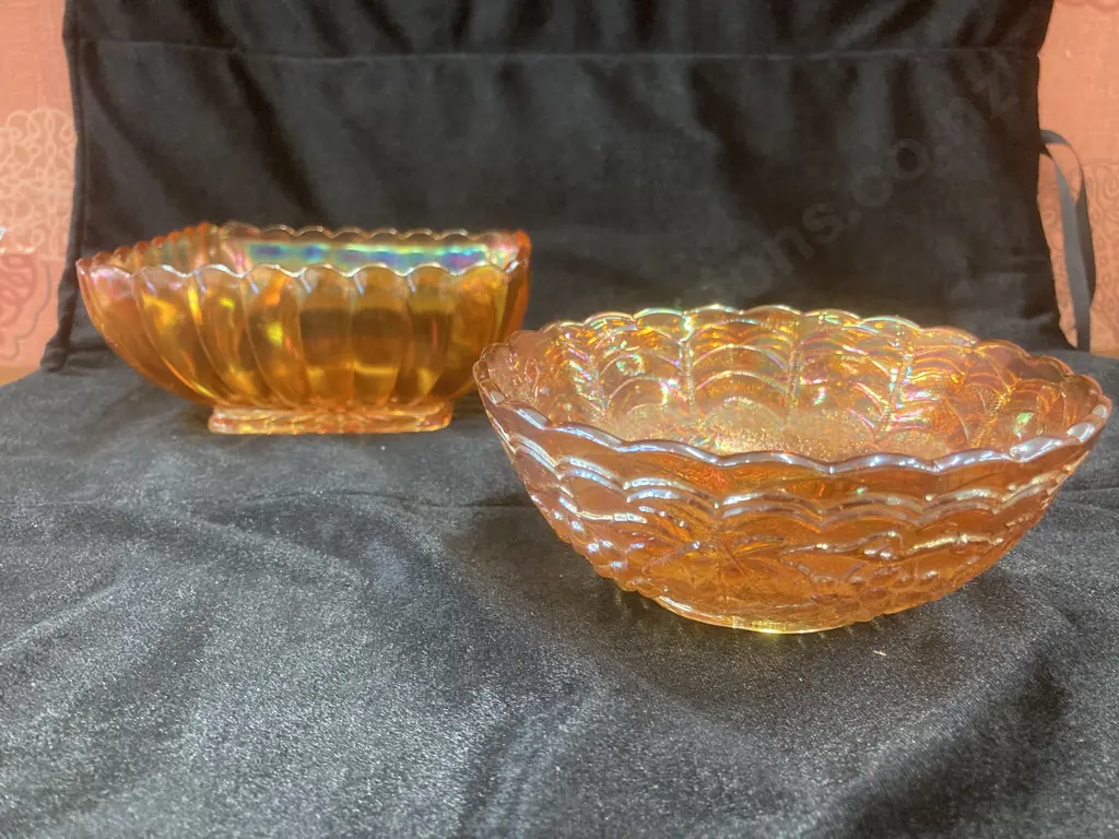 Antique 1920s Imperial Glass Bowl With Grapes And Leaves Pattern, Marigold Carnival Glass, Dia13cm Image 1++