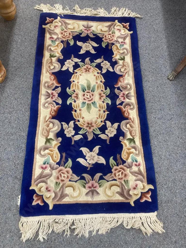 Woollen Floor Rug, Navy, Cream & Pink Floral Detail, 140 x 73cm Image 1++