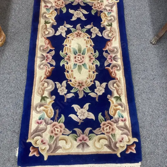 Woollen Floor Rug, Navy, Cream & Pink Floral Detail, 140 x 73cm