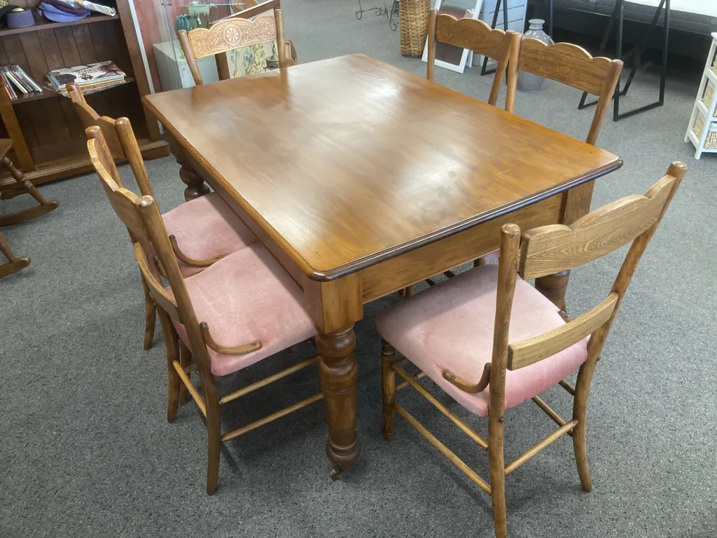 Arts & Crafts Rectangular Dining Table With Six Carved Dining Chairs, Pink Upholstery Image 1++