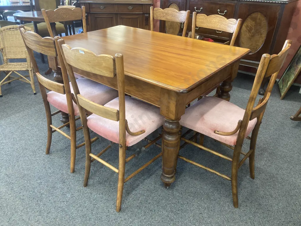 Arts & Crafts Rectangular Dining Table With Six Carved Dining Chairs, Pink Upholstery Image 1++