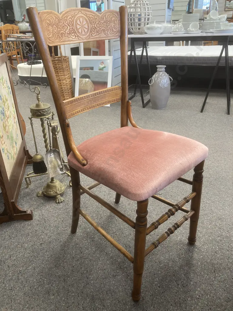 Arts & Crafts Rectangular Dining Table With Six Carved Dining Chairs, Pink Upholstery Image 1++