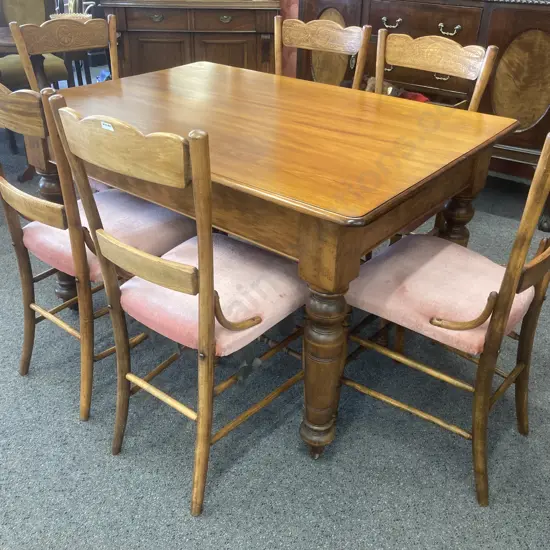 Arts & Crafts Rectangular Dining Table With Six Carved Dining Chairs, Pink Upholstery