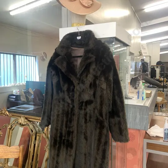 Vintage Coat, Dark Brown / Black Striped, Medium Size With Orange Hat & Stand