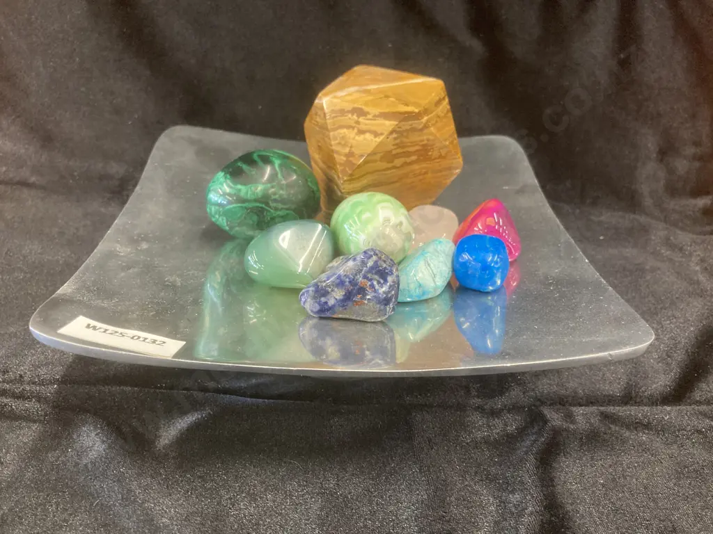 Footed Square Dish With Selection of Gemstones, Eggs, Etc Image 1++