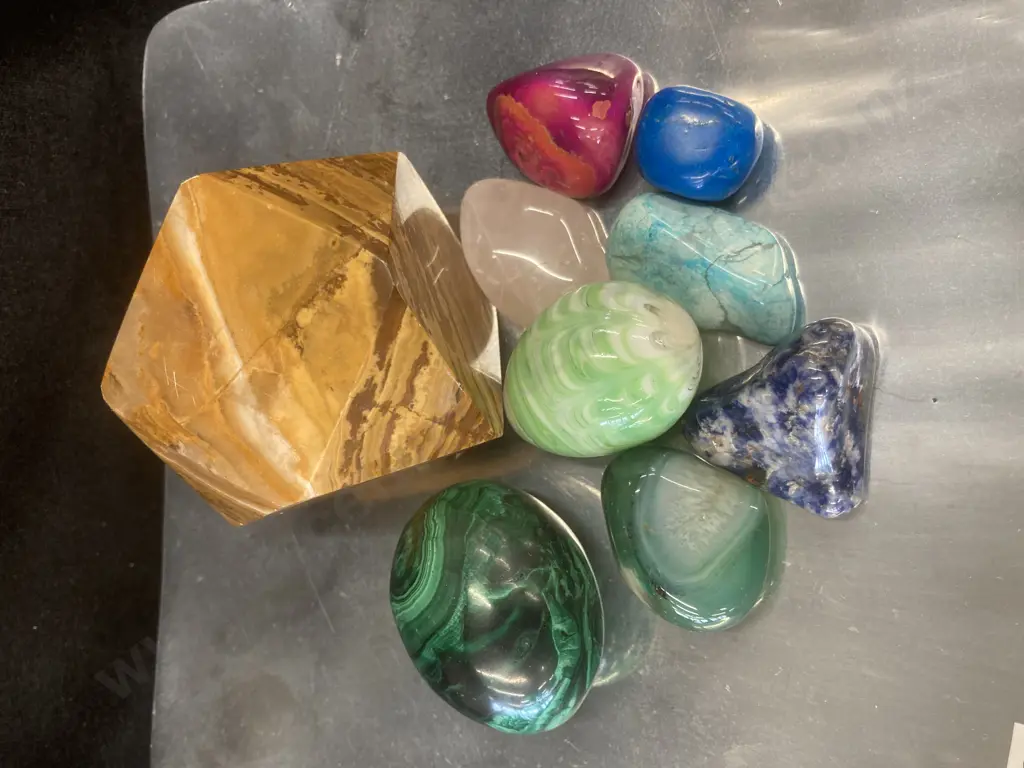 Footed Square Dish With Selection of Gemstones, Eggs, Etc Image 1++