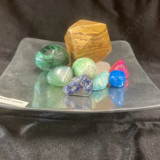 Footed Square Dish With Selection of Gemstones, Eggs, Etc