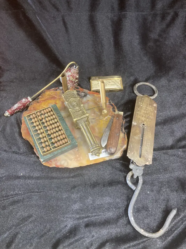 Selection of Vintage Items, Double Pen  Holder On Marble Base, Candles Snuffer, Brass 'Shakepeare' Nut Cracker, Etc Image 1++