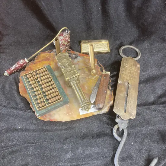 Selection of Vintage Items, Double Pen  Holder On Marble Base, Candles Snuffer, Brass 'Shakepeare' Nut Cracker, Etc