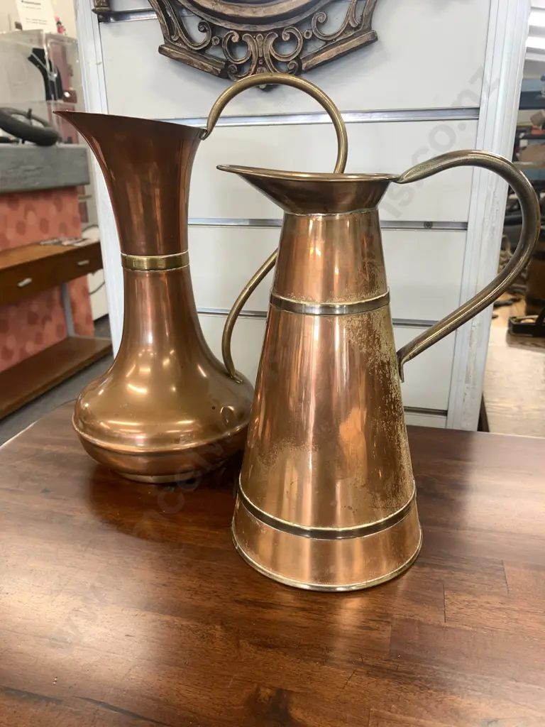 Antique English Peerage Copper Jug, 25cm, & 31cm Copper Jug Image 1++