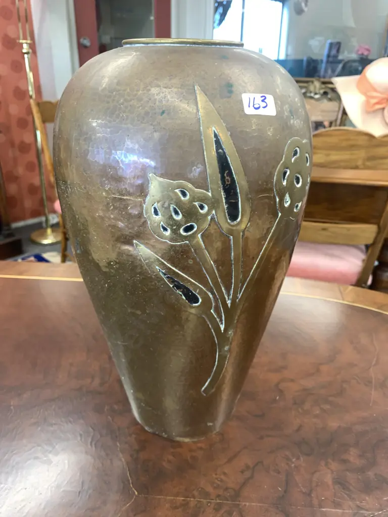 Copper & Brass Vase With Brass Relief Leaves, H35cm, Pakistan Image 1++