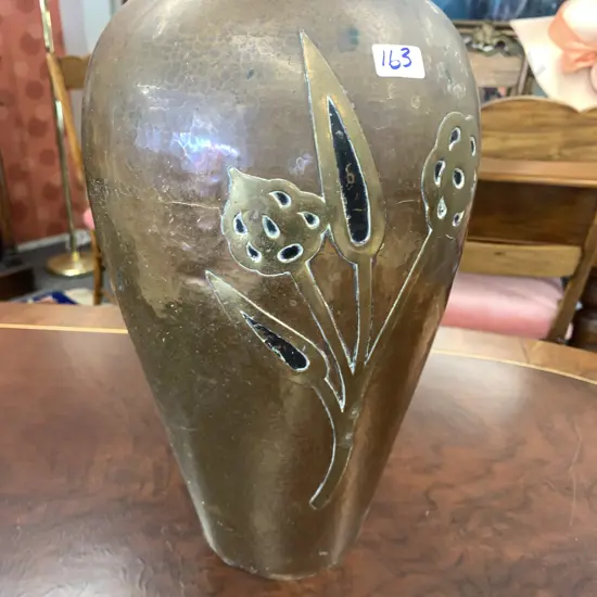 Copper & Brass Vase With Brass Relief Leaves, H35cm, Pakistan